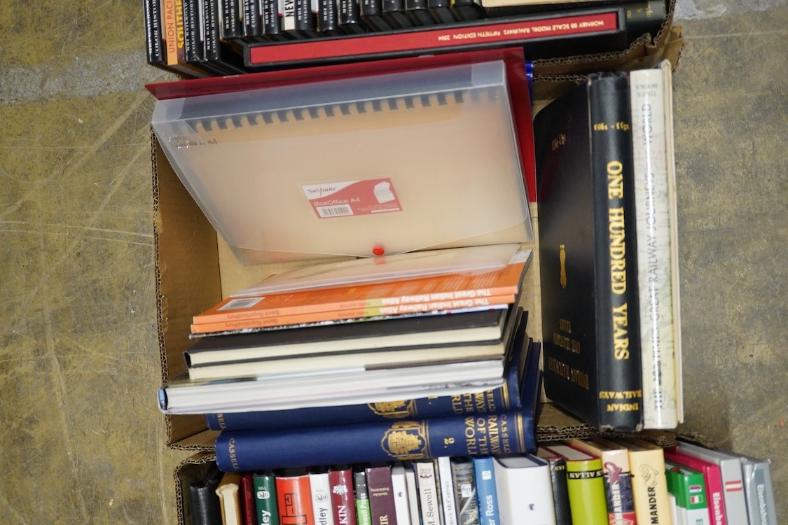 Five boxes of Railway related books, subjects include; the Railway Atlas of Scotland, the Highland Main Line, Chicago America’s Railroad Capital, Union Pacific, Indian Railways, etc., publishers include; New York Central